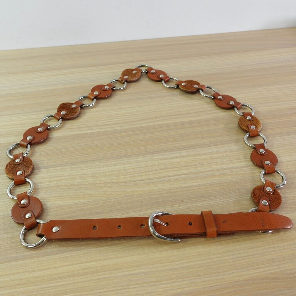 Bohemian Leather Disc Ring Belt Women 36 Medium Brown Studded Calf Hair Fur Boho